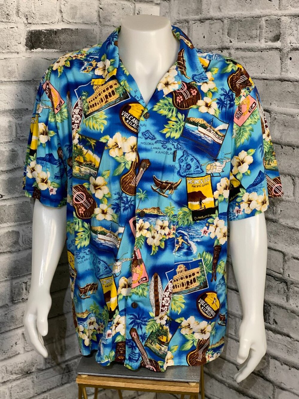 Vintage Palmwave Hawaiian Shirt Men 2XL Blue Casual Button Up Tropical Aloha 90s